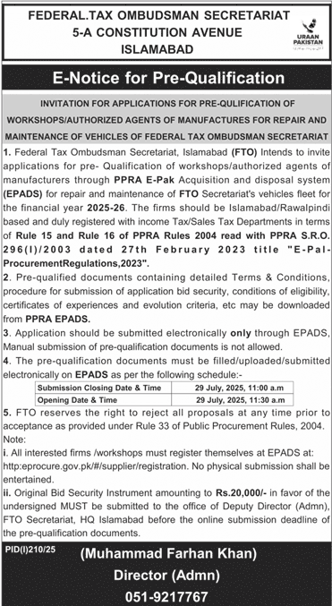Urban Pakistan Islamabad Tender Notice